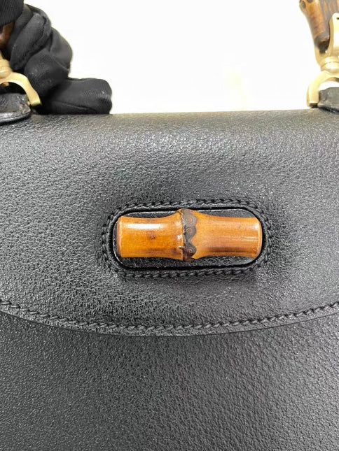 Gucci Bamboo 1947 Small Black Grained Leather Top Handle Bag