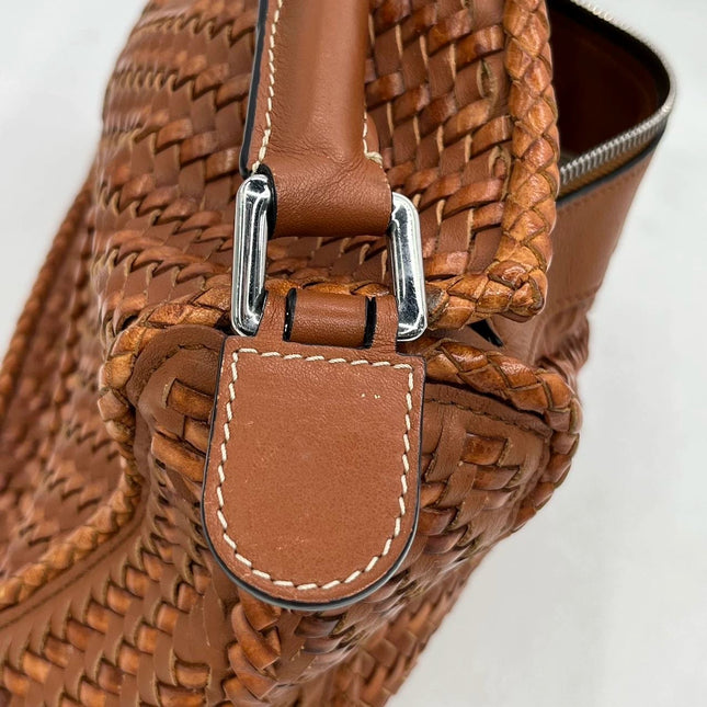 Loewe Puzzle Small Leather Woven Braided Caramel Tan Crossbody Bag