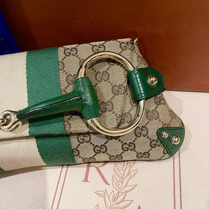 Gucci Horsebit 1955 Chain Cloth Gucci Monogram Green Leather and Gold Studs