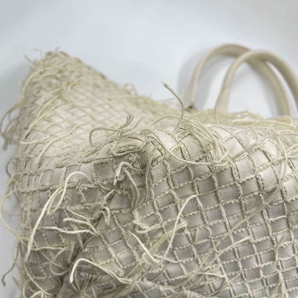 Bottega Veneta Cabat Large Intreccio Leather with Fringes White Ecru 40cm