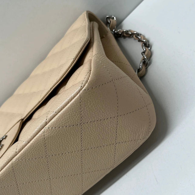 Chanel Classic Flap Jumbo 2009 Beige Caviar Leather Single Flap Silver Hardware
