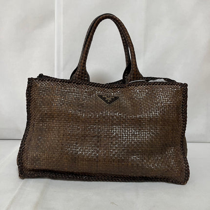 Prada Madras Brown Woven Leather Top Handle Shopping Tote Large