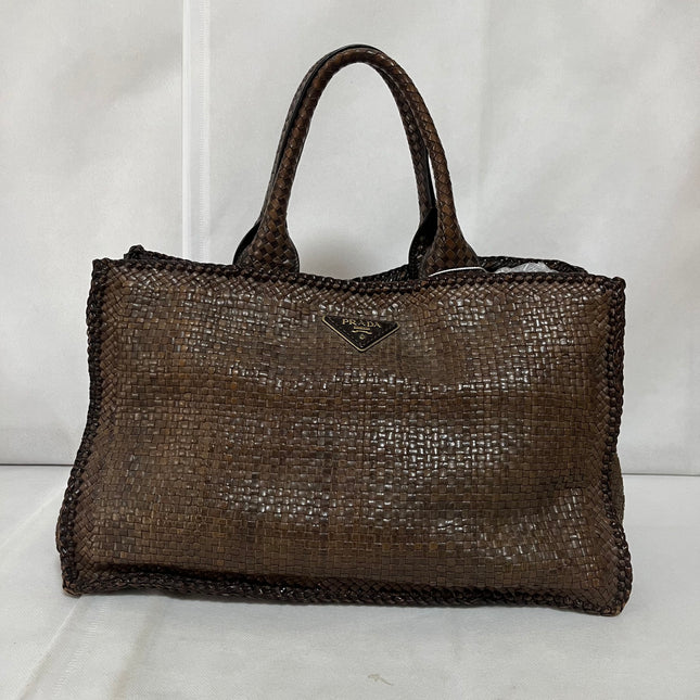 Prada Madras Brown Woven Leather Top Handle Shopping Tote