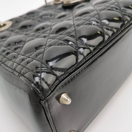 Lady Dior Medium Black Patent Leather Handbag with Silver Hardware