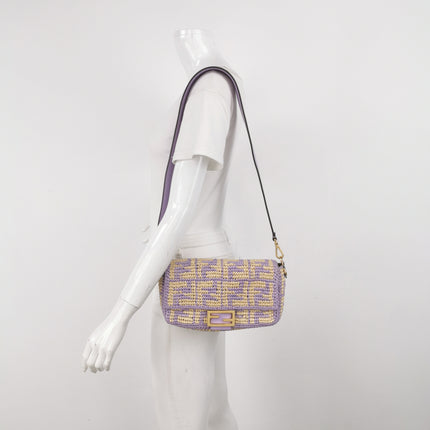 Fendi Baguette Medium Beige Lavender Raffia Leather Crossbody Bag
