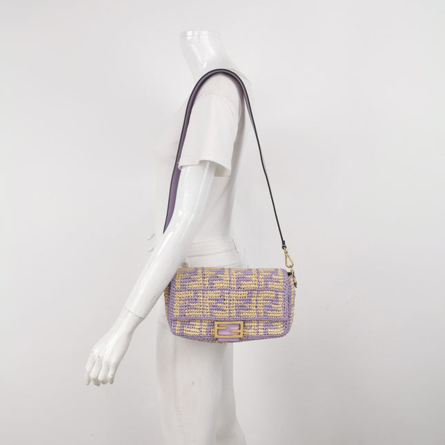 Fendi Baguette Medium Beige Lavender Raffia Leather Crossbody Bag