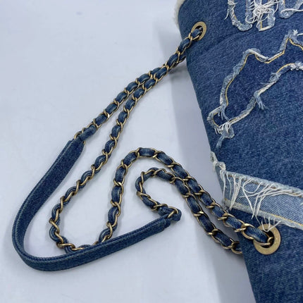 Chanel Blue Denim White Shearling Egyptian Hieroglyph Maxi Flap Bag Gold Hardware, 2019