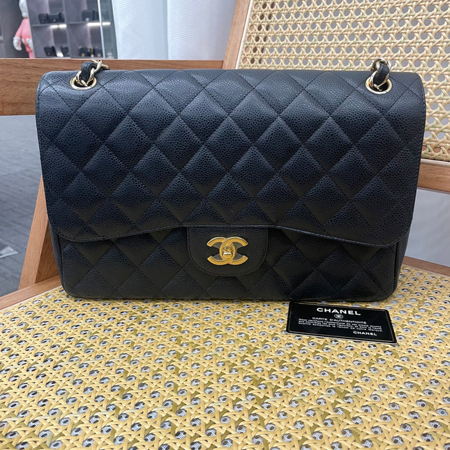 Chanel Classic Flap Jumbo 2011 Black Caviar Leather Double Flap Gold Hardware