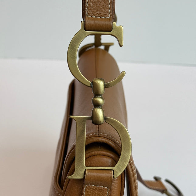 Dior Vintage Double Saddle Brown Leather Gold-tone Hardware