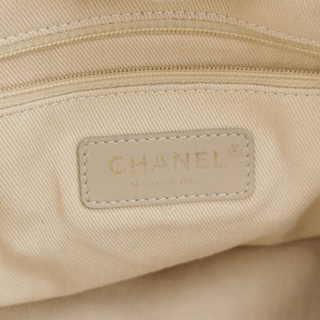 Chanel Deauville Tote Light Beige Stripes Cloth Leather Chain Handle Small 34cm