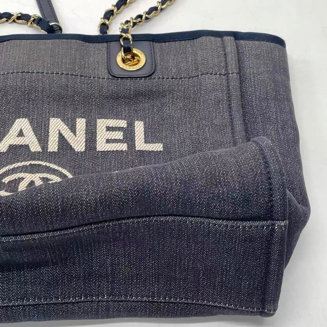 Chanel Deauville Tote Navy Denim Cloth Leather Chain Strap Small 34cm