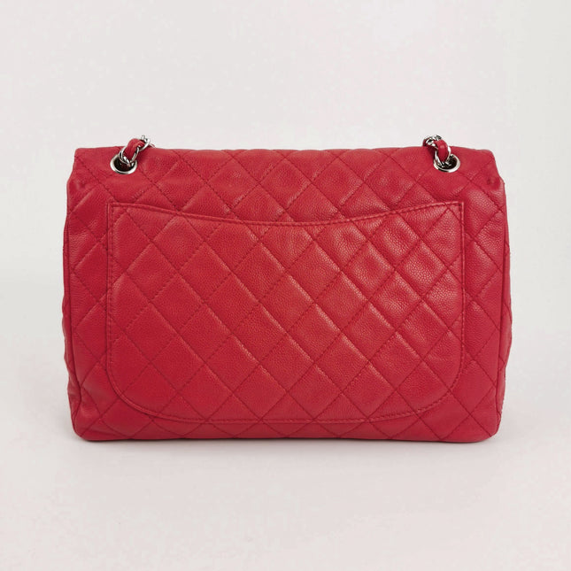 Chanel Classic Flap Maxi Red Caviar Leather Silver-tone Hardware Giant CC Logo
