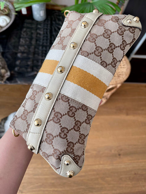 Gucci Horsebit 1955 Small Cloth Beige Monogram Yellow Web Shoulder bag