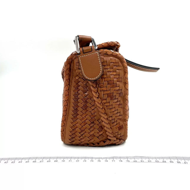 Loewe Puzzle Small Leather Woven Braided Caramel Tan Crossbody Bag