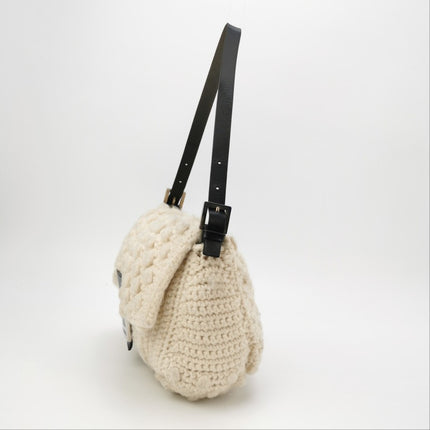 Fendi Mamma Baguette White Crochet Pompom Shoulder Bag