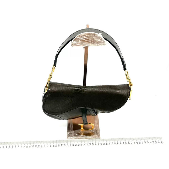 Dior Saddle Small Vintage Shoulder Bag Dark Green Oblique Print Patent Leather