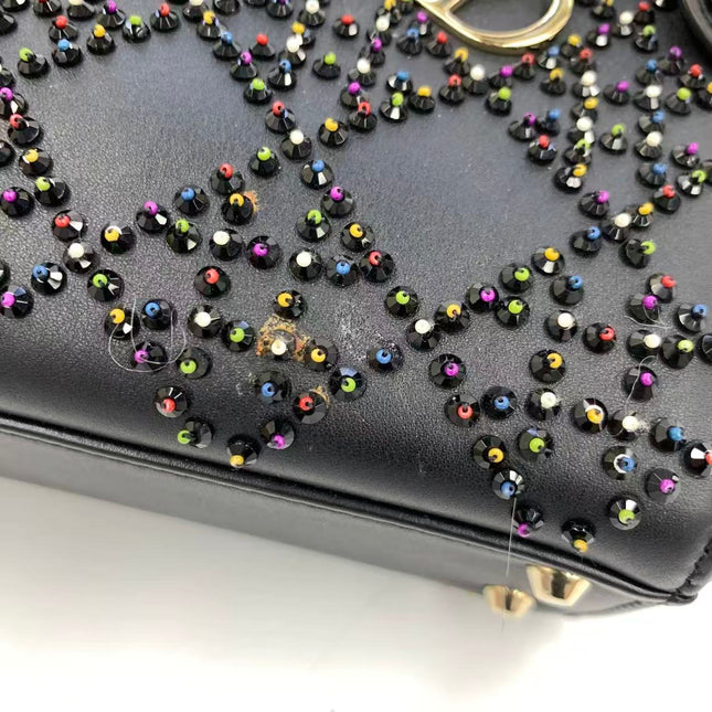 Lady Dior Mini Black Calfskin Leather with Multicolor Crystals Gold Hardware