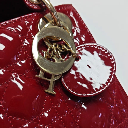 Lady Dior Mini 2021 Red Burgundy Patent Leather Gold Hardware Suede Interior Chain Strap