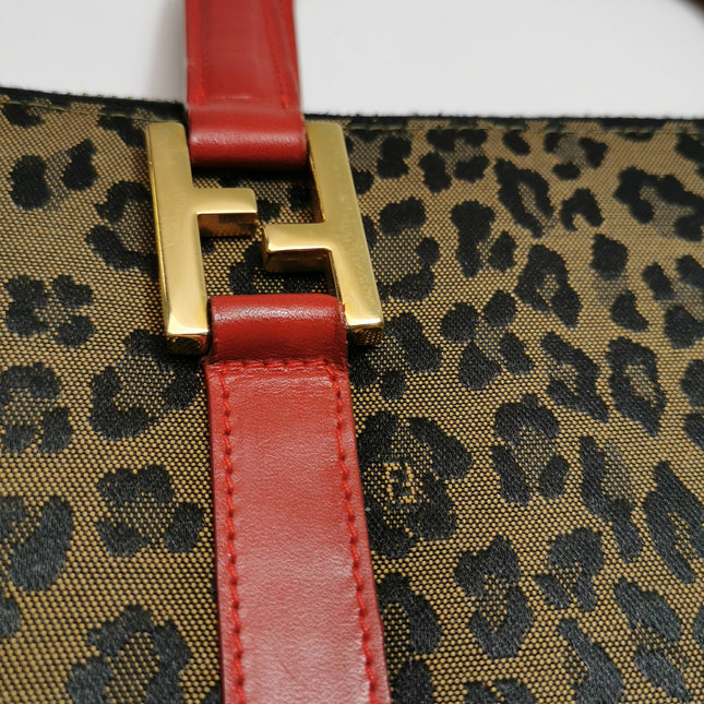 Fendi Clutch Denim Leopard Print with Red Leather Handles