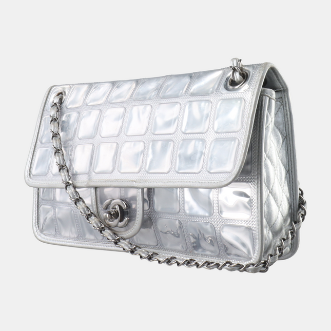 Chanel Ice Cube Chocolate Bar Classic Flap Metallic Silver PVC with Leather