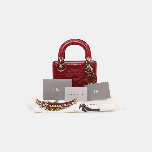 Lady Dior Mini Handbag Burgundy Red Patent Leather Gold-tone Chain Strap