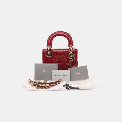 Lady Dior Mini Handbag Burgundy Red Patent Leather Gold-tone Chain Strap