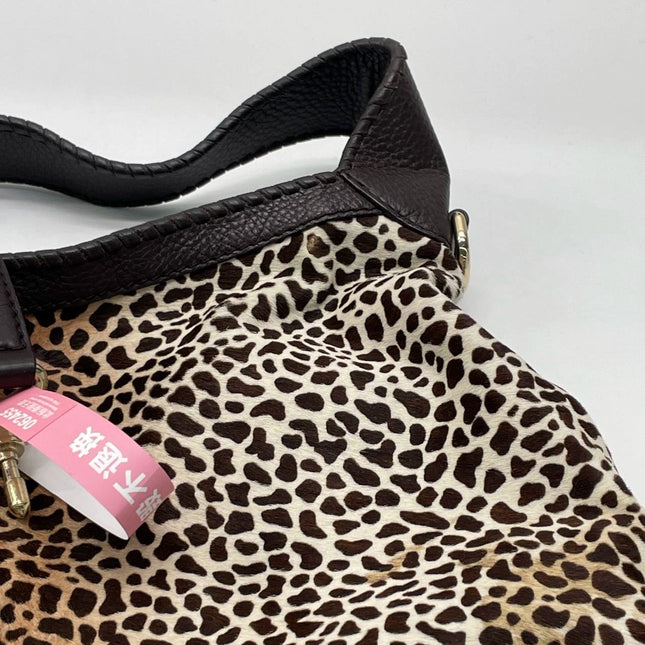 Gucci Jackie Vintage Large Leopard Print Pony-style Calfskin Brown Leather Shoulder Bag