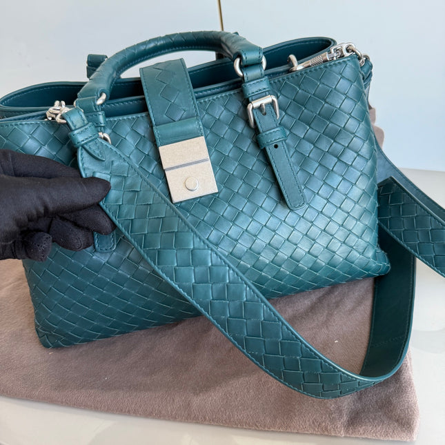 Bottega Veneta Roma Intrecciato Nappa Leather Peacock Green With Strap Small 30cm