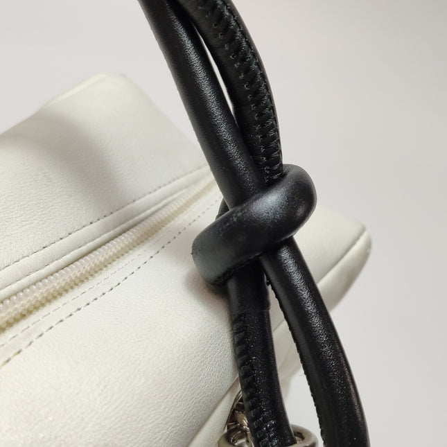 Chanel Cambon Medium Shoulder Bag White Calfskin Leather Black Double Strap