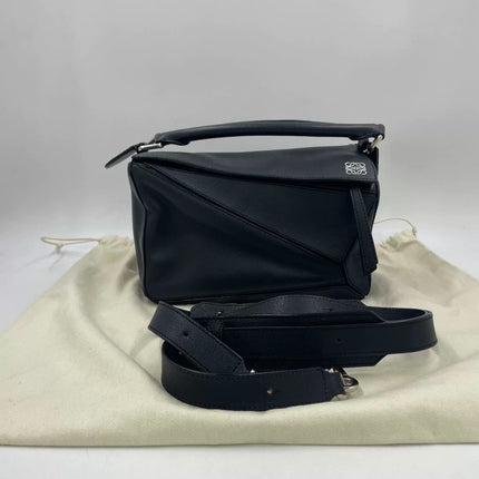 Loewe Puzzle Small Black Smooth Leather White Logo With Metal Feet