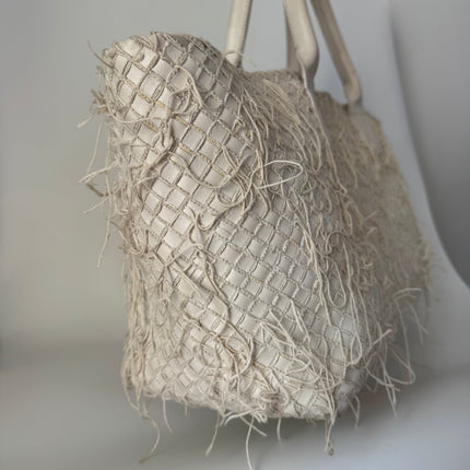 Bottega Veneta Cabat Large Intreccio Leather with Fringes White Ecru 40cm