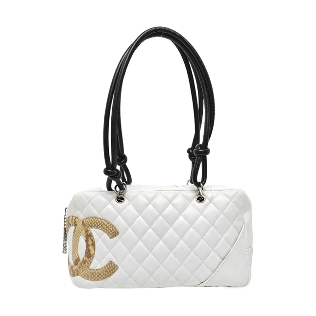 Chanel Cambon Medium Shoulder Bag White Calfskin Leather Snake-skin CC Logo Black Double Strap