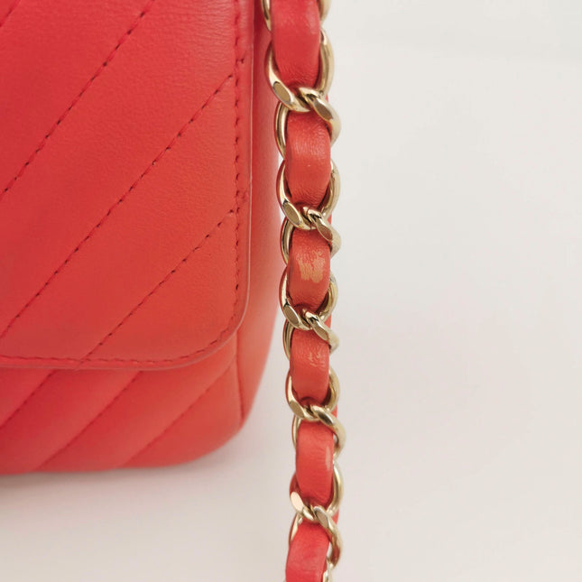Sold Chanel Classic Flap Square 2019 Coral Orange Chevron Lambskin Leather Bag