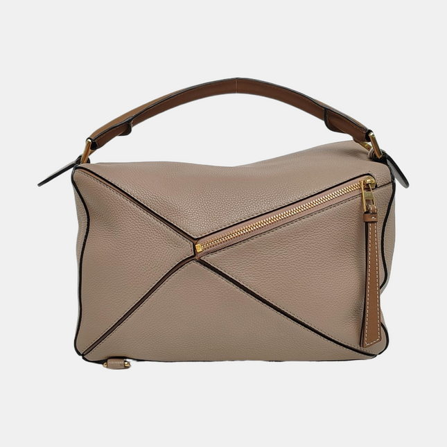 Loewe Puzzle Medium Sand Beige Calfskin Leather Bag Brown Strap