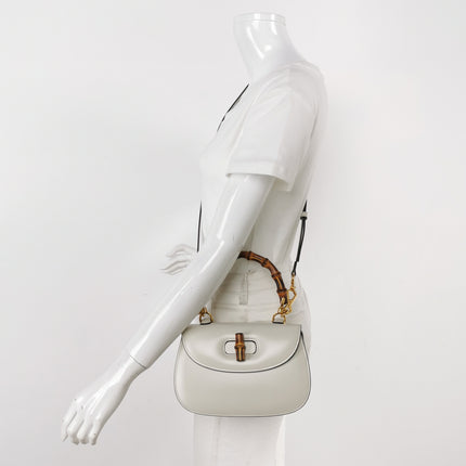 Gucci Bamboo 1947 Top Handle Bag Small White Box Leather Canvas Strap
