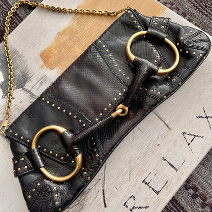 Gucci Horsebit 1955 Chain Large Black Snake-skin Leather Shoulder Bag