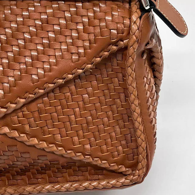 Loewe Puzzle Small Leather Woven Braided Tan Brown Crossbody Bag