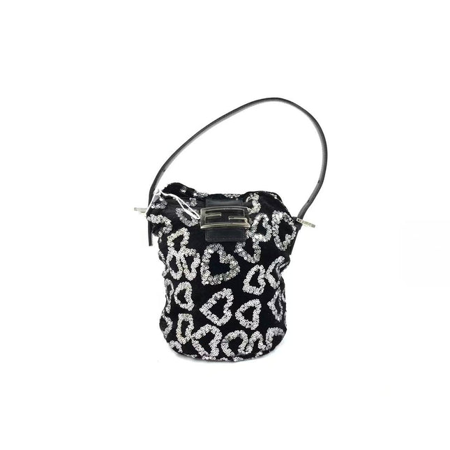 FENDI Mini Bucket White Heart Shaped Sequin Black Bag-Luxbags