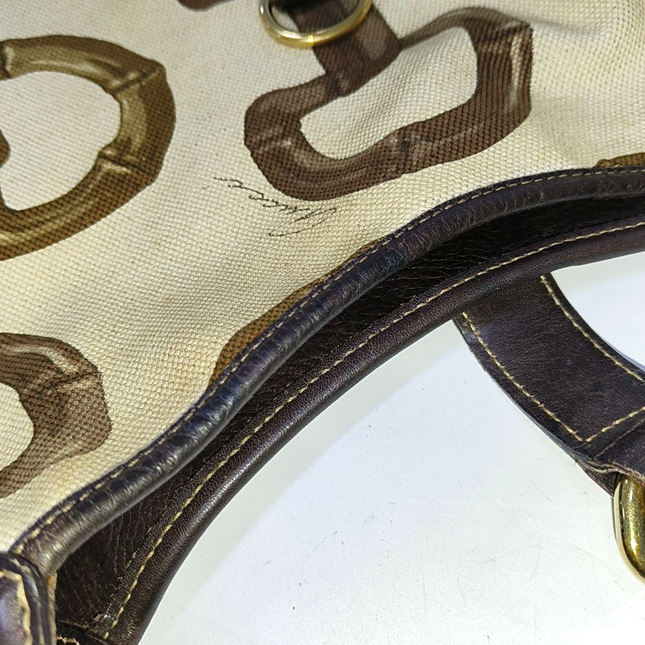 Gucci Jackie Vintage Medium Horsebit Print Cloth and Brown Leather Gold Hardware