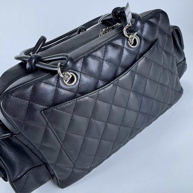 Chanel Cambon Multi-pocket Ligne Reporter Bag Medium Black Calfskin Leather White Logo