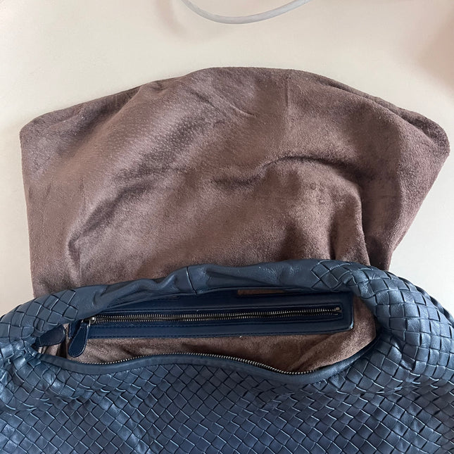 Sold Bottega Veneta Veneta Hobo Medium Navy Intrecciato Leather Bag