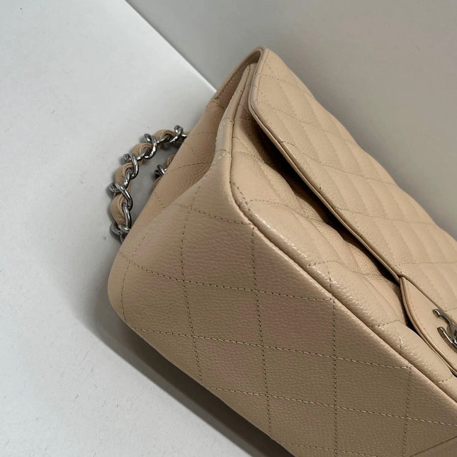 Chanel Classic Flap Jumbo 2009 Beige Caviar Leather Single Flap Silver Hardware