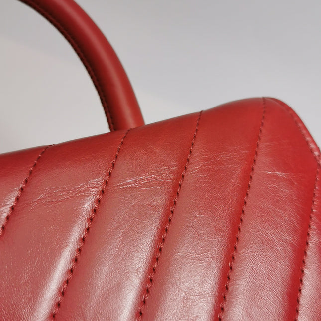 Chanel Coco Handle Small Red Lambskin Leather Chevron Stitching Gold Hardware, 2017-18