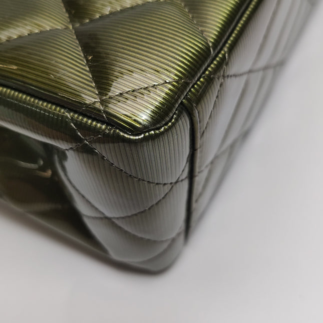 Chanel Classic Flap Maxi Metallic Green Patent Leather Double Flap Sliver Hardware 2012