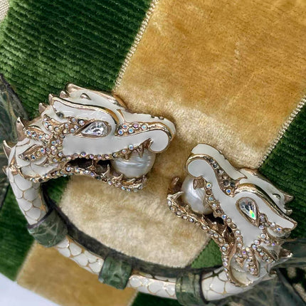 Gucci Jeweled Dragon Bag Green Crocodile and GG Velvet Bamboo Chain Strap Shoulder Bag