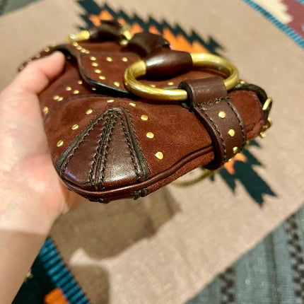 Gucci Horsebit 1955 Chain Vintage Shoulder Bag Brown Studded Suede Leather