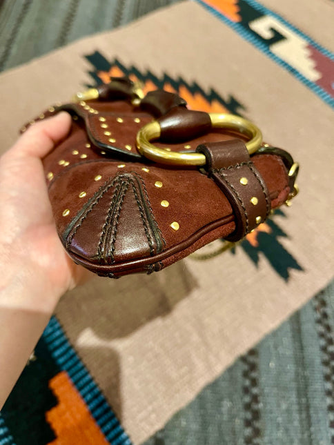 Gucci Horsebit 1955 Chain Vintage Shoulder Bag Brown Studded Suede Leather