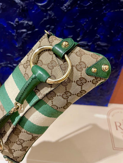 Gucci Horsebit 1955 Chain Bag Gucci Monogram Green Leather and Gold Studs