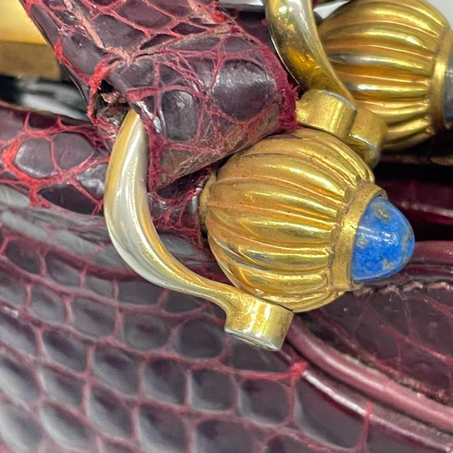 Gucci Vintage Burgundy Alligator Leather Blue Lapis Lazuli Stone Gold-tone Hardware Handbag