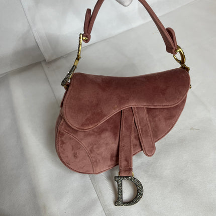 Dior Saddle Mini Pink Velvet Handbag with Crystals